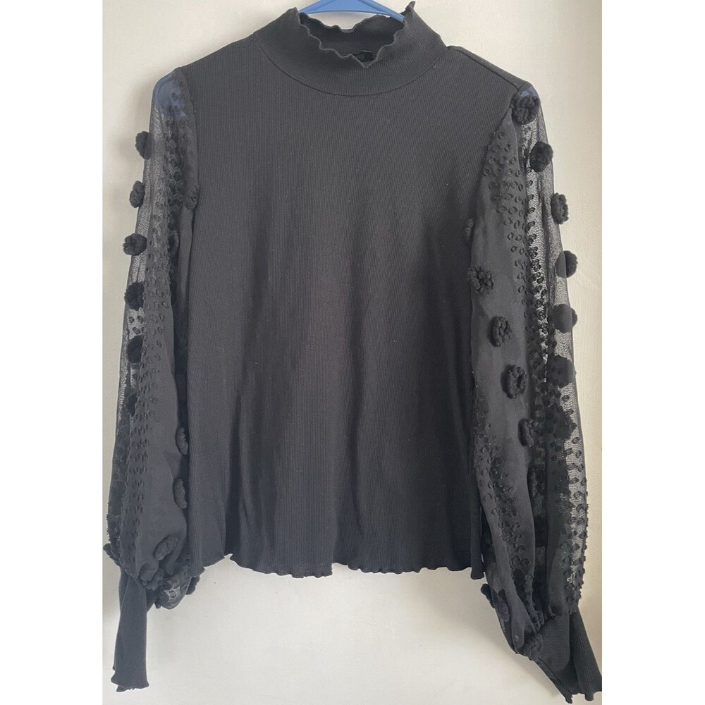 Sheinside Women's Black Mock Neck Sheer Knit Long Sleeve Blouse M